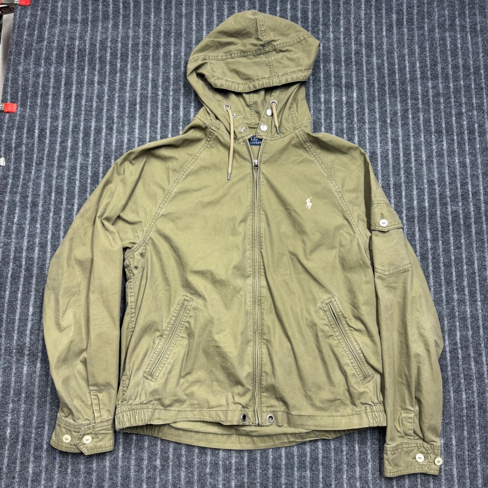 Polo Ralph Lauren Mens Hooded Windbreaker Jacket L Olive Green Cotton Nylon Zip